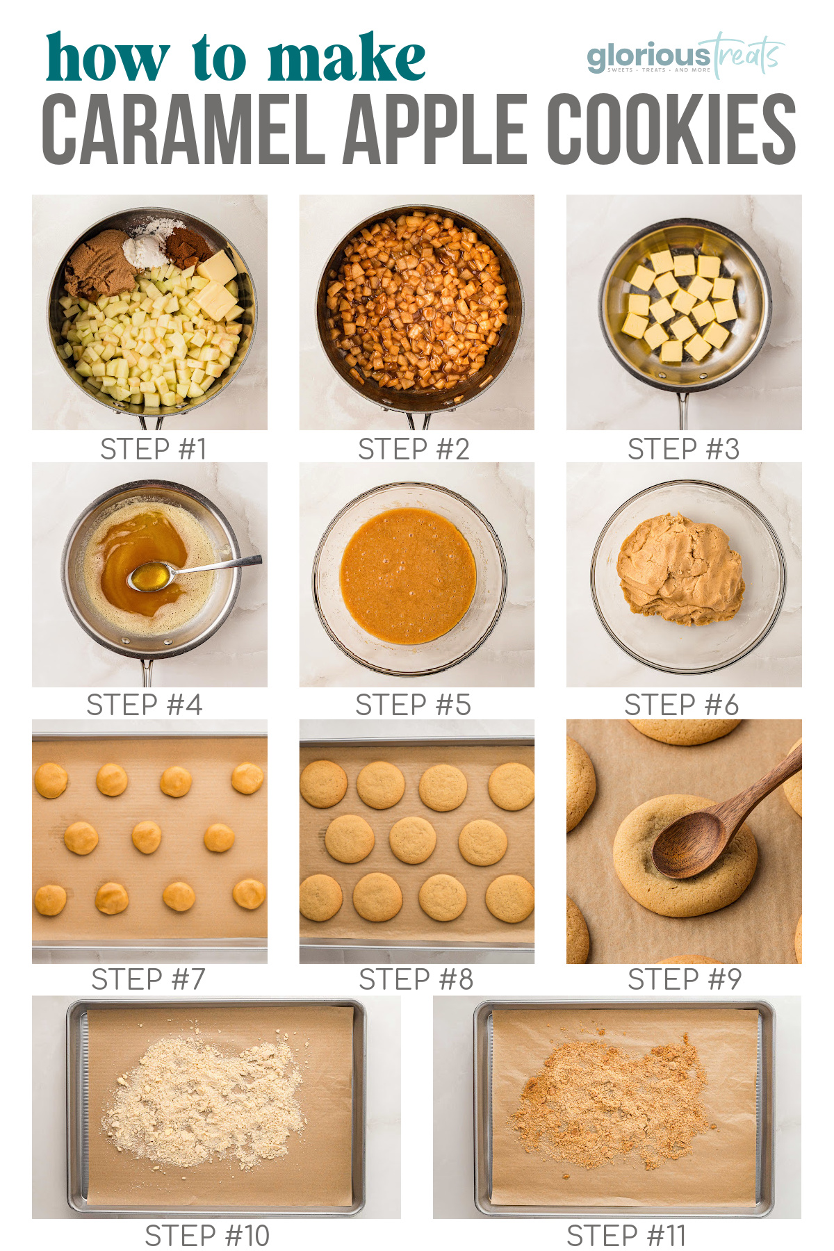 Eleven image collage showing how to make caramel apple cookies. Text overlay at the top of the image. 