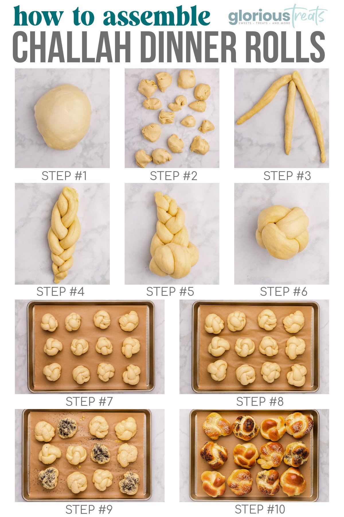 Ten image collage showing how to shape, braid and bake challah rolls.