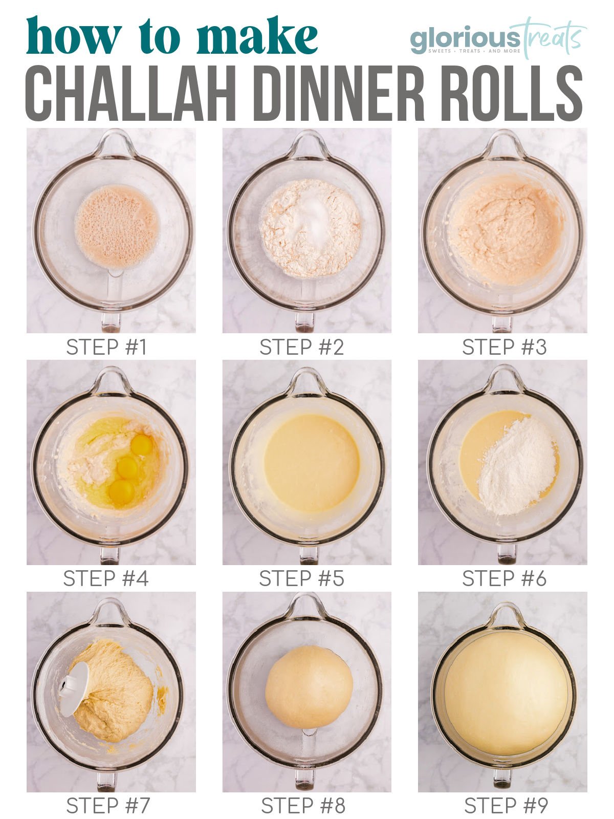Nine image graphic showing how to make challah dinner rolls step by step with numbered labels.