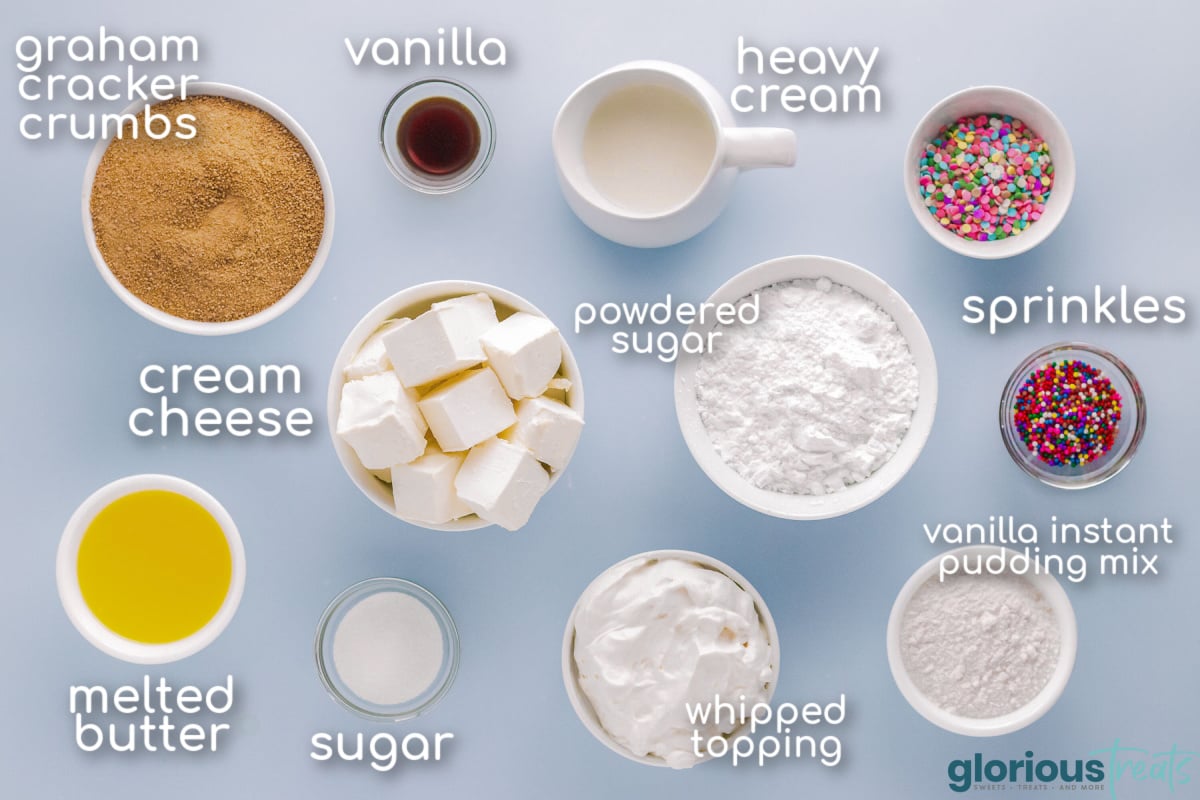 Overhead shot of funfetti lush ingredients measured out into small bowl, labeled and ready to be used.