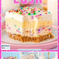 Four image graphic showing funfetti lush on pink plate, being served, in glass baking dish and with a fork taking a bite. Text overlay at top of image.