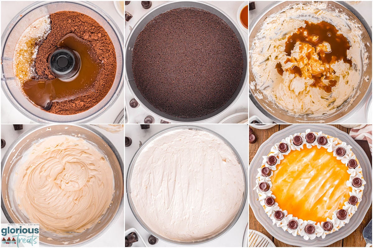 Six image collage showing how to make a caramel cheesecake recipe.