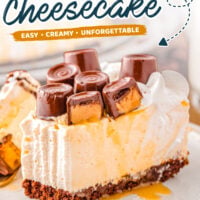 Pin graphic showing no bake caramel cheesecake whole and sliced topped with Rolo candy and caramel sauce. Text overlay at top of image.