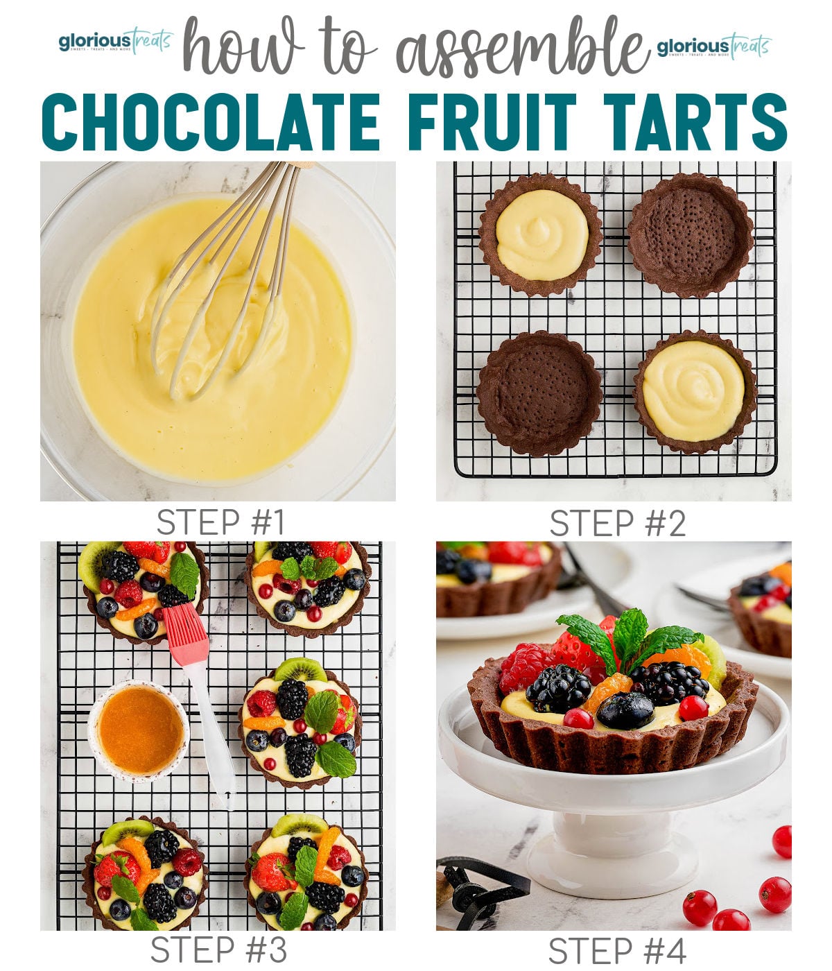 Four image collage showing how to make chocolate fruit tarts. Text overlay at top of image.