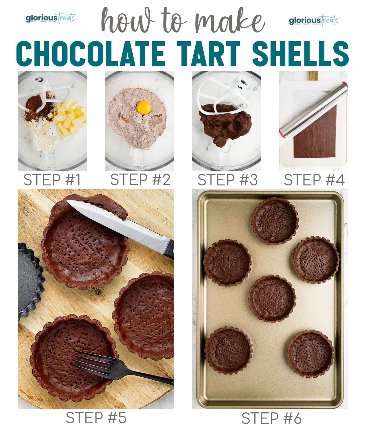 Six image collage showing how to make chocolate tartlet shells.