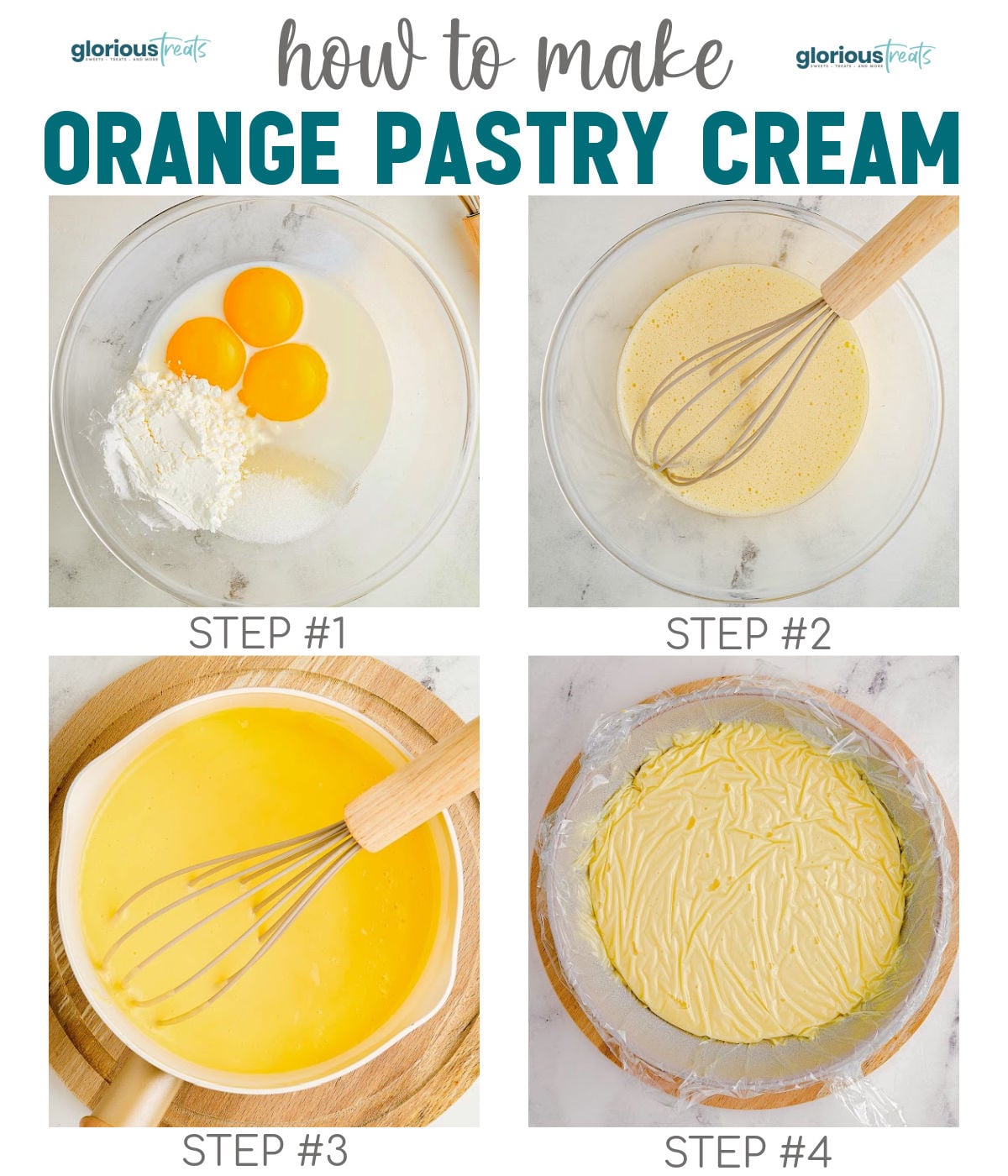 Four image collage showing how to make orange pastry cream. Text overlay at top of image.