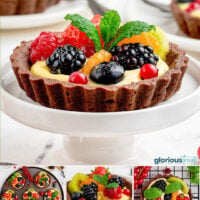 Four image graphic showing chocolate fruit tart on white pedestal. Text overlay at top and bottom of image.
